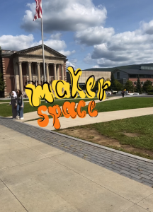 Fig. 3: I have successfully augmented reality so that, viewed through a tablet, my "maker space" 3D model now appears to be positioned in front of Chapin Hall at Williams College.